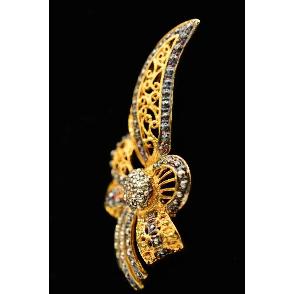 Vintage Flower Bow Pin Brooch Gold Silver Tone Antiqued Gunmetal Chunky 1980s 9B